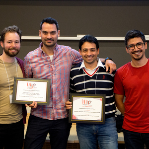 MIP 2022 Computational Competition winners Bjørnar Luteberget and Giorgio Sartor (left), Computational Competition runner up Domenico Salvagnin, and Gonzalo Munoz (Competition Chair)