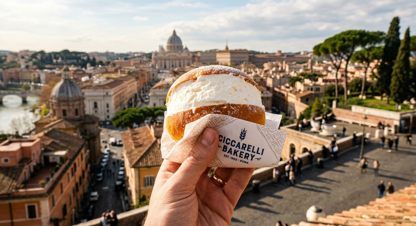 A Roman maritozzo — a soft brioche bun filled with whipped cream